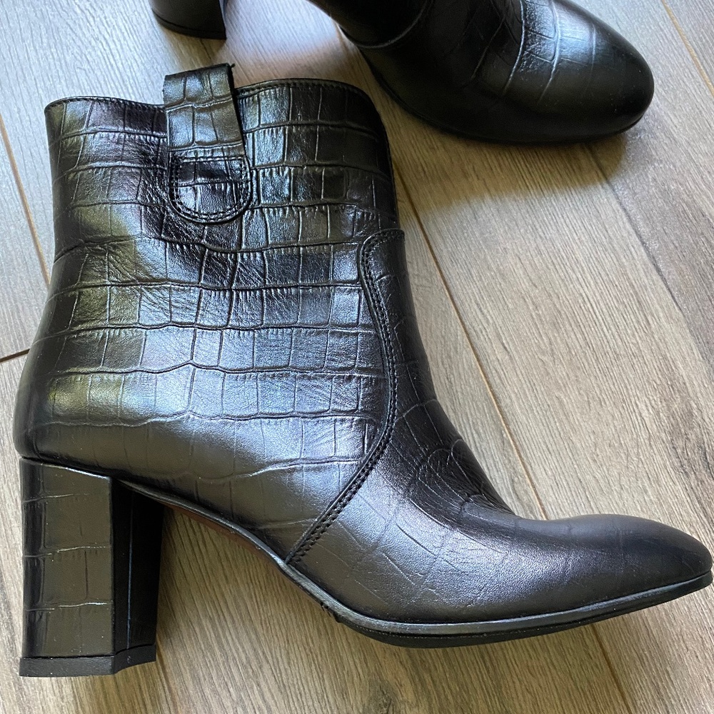 Croc-Embossed Black Ankle Booties